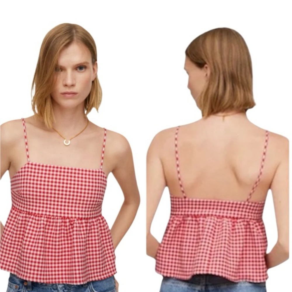 Mango Vichy Red Gingham Checkered Cotton Blend Crop Top Thin‎ Straps Size S